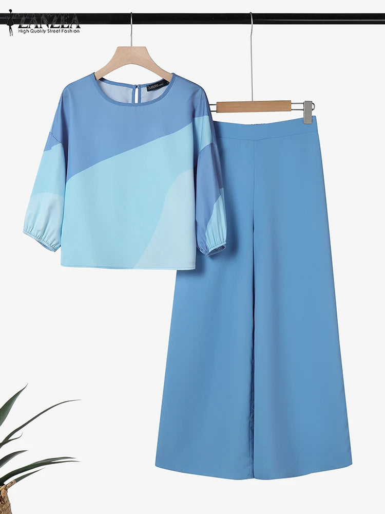 طقم نسائي أنيق قطعتين بطبعات عصرية – بلوزة بأكمام ¾ وبنطال واسع مريح