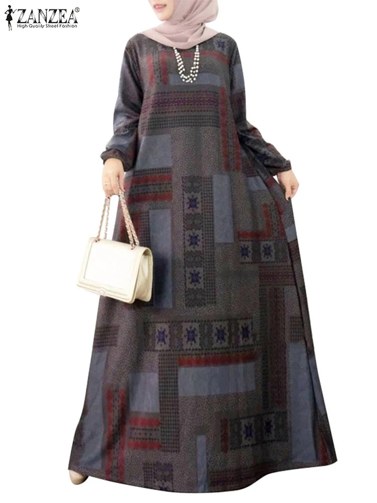 فستان نسائي طويل بطبعات بوهيمية أنيقة – عباية عصرية بأكمام طويلة