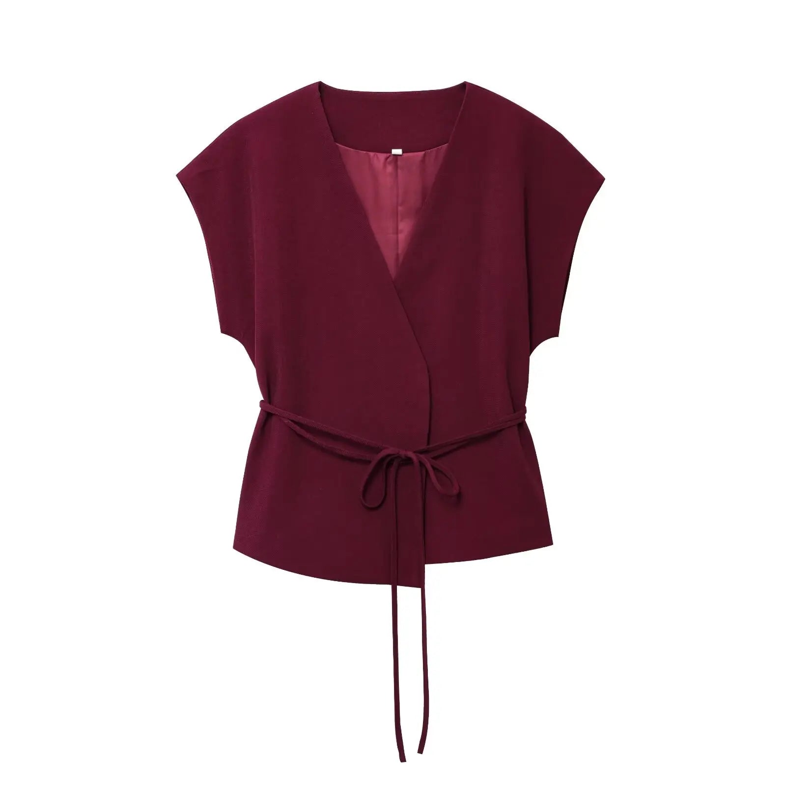 طقم نسائي أنيق قطعتين – بلوزة بدون أكمام بياقة V مع حزام وبنطال واسع