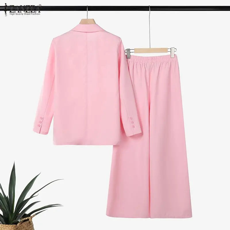 طقم نسائي أنيق قطعتين – بليزر طويل بأكمام طويلة مع بنطال واسع مريح