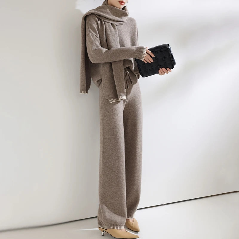 طقم نسائي فاخر 3 قطع – كنزة صوف ميرينو مع بنطال مريح ووشاح أنيق