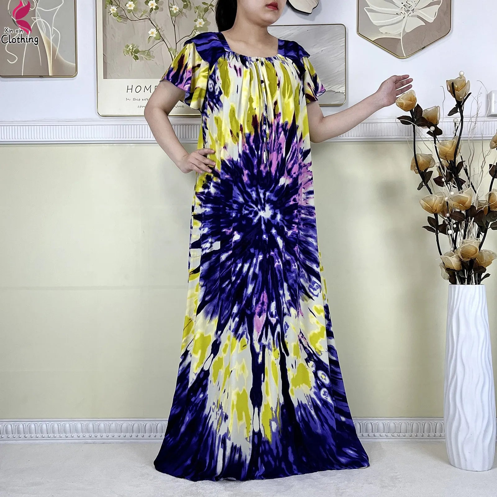 2025 New African Lady Summer Short Sleeve Dresses Boat-Neck Tie-dye Loose Boubou Maxi African Abaya Clothes Islam Women Dress