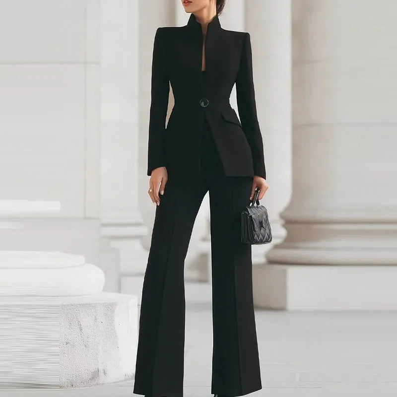 طقم نسائي أنيق قطعتين – بليزر بأكمام طويلة مع بنطال واسع رسمي