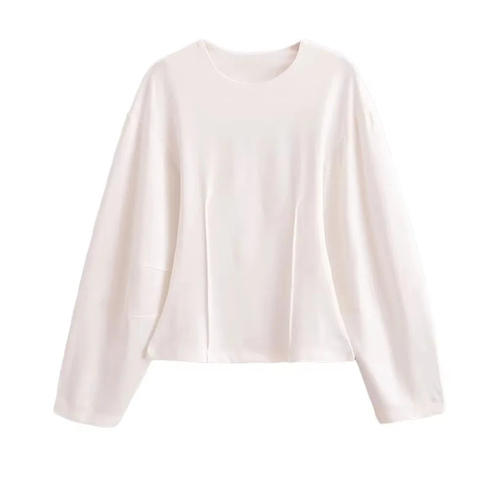 طقم نسائي أنيق قطعتين – بلوزة بأكمام طويلة وياقة دائرية مع بنطال واسع مريح