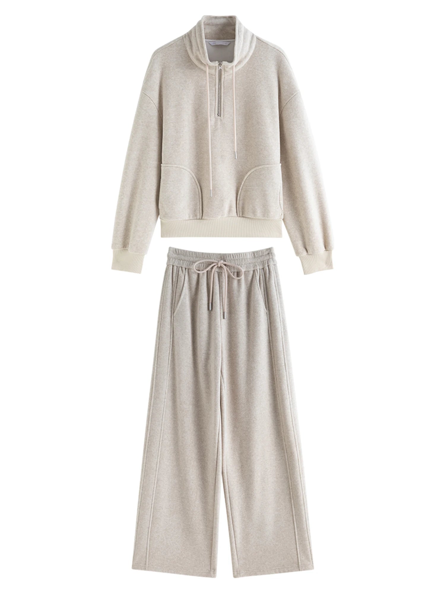 طقم نسائي شتوي أنيق قطعتين – سويت شيرت بسحاب وياقة عالية مع بنطال مريح