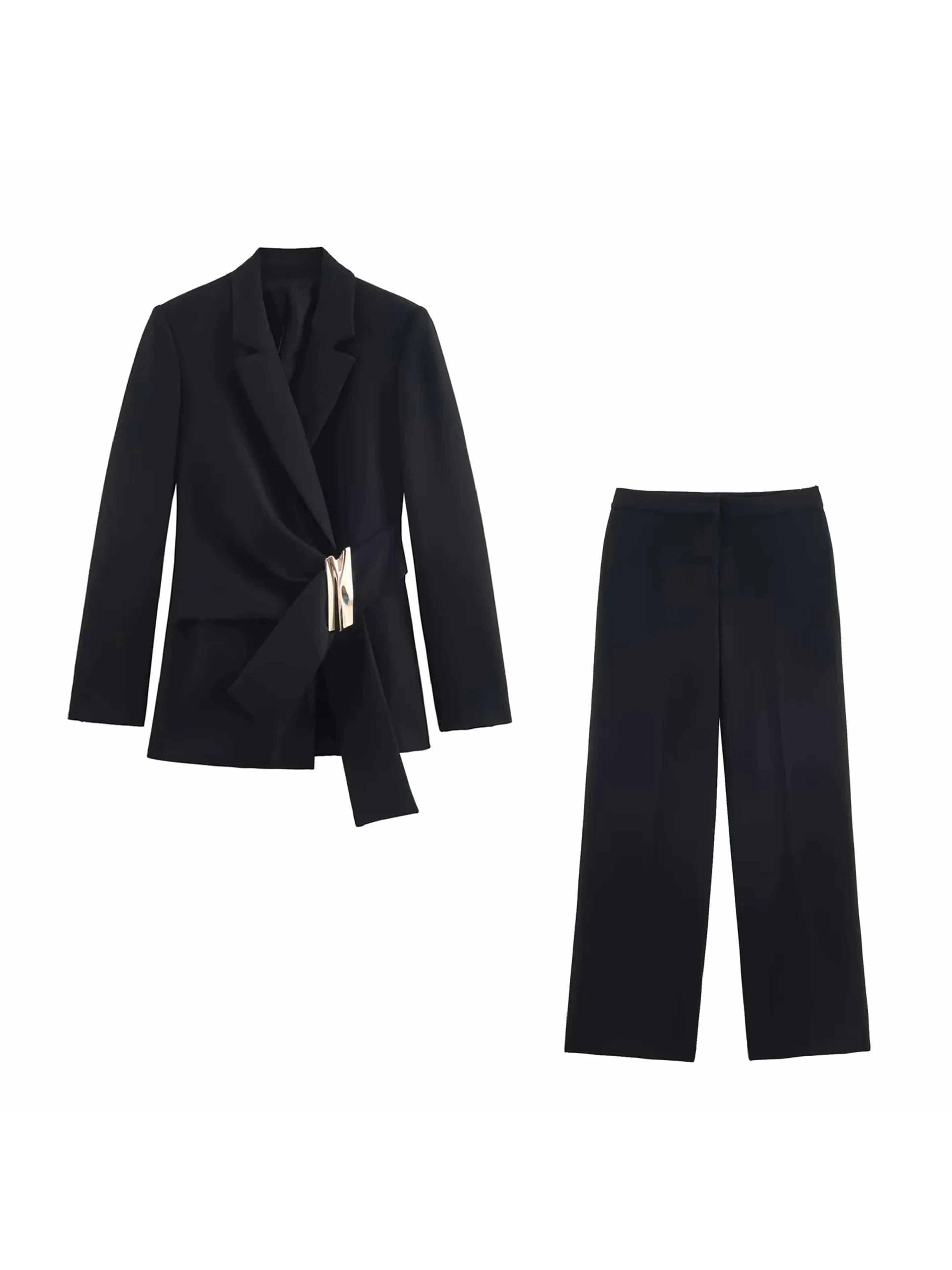 طقم نسائي أنيق قطعتين – بليزر بأكمام طويلة مع بنطال مستقيم عصري