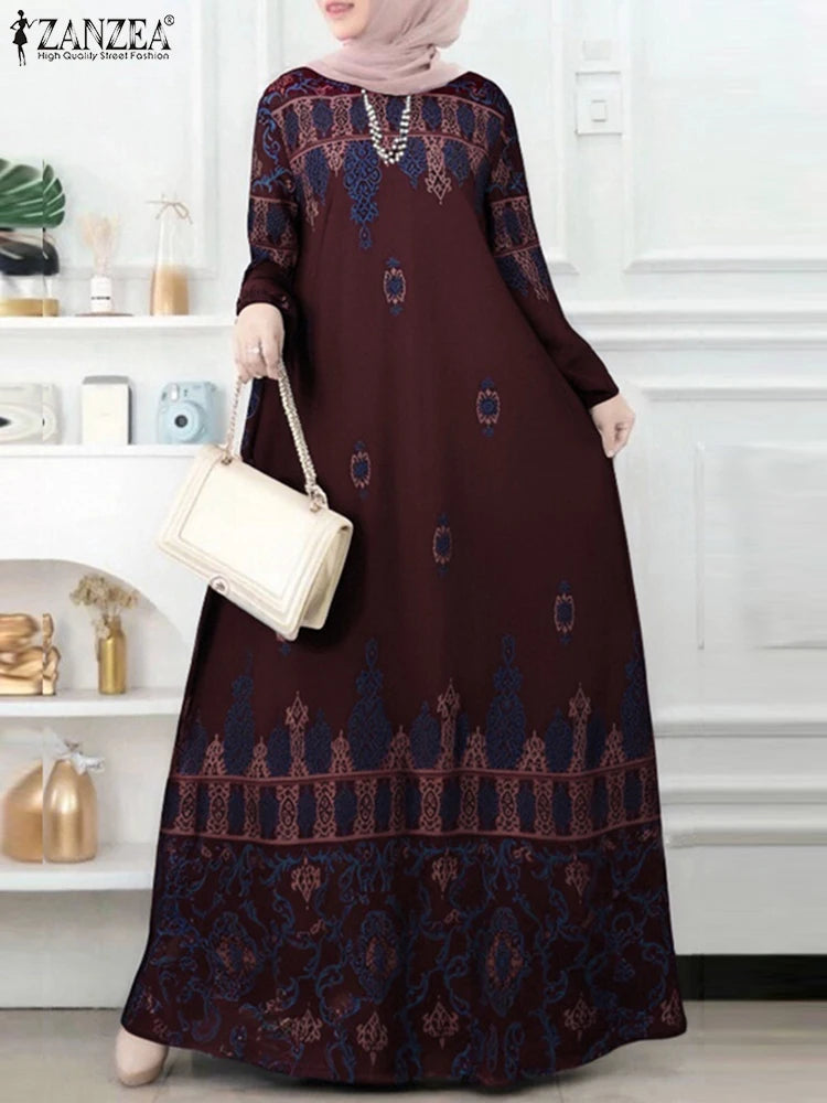 فستان نسائي طويل بطبعات بوهيمية – عباية أنيقة بأكمام طويلة