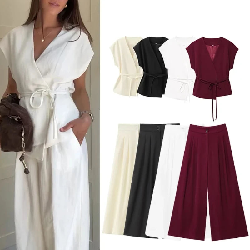 طقم نسائي أنيق قطعتين – بلوزة بدون أكمام بياقة V مع حزام وبنطال واسع