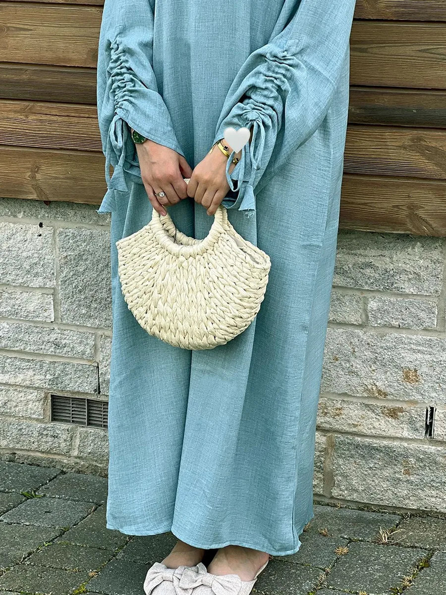 فساتين نسائية مسلمة من دبي، عباية بأكمام طويلة برباط، قفطان سادة محتشم، رداء رمضاني، مقاسات كبيرة، ملابس إسلامية نسائية