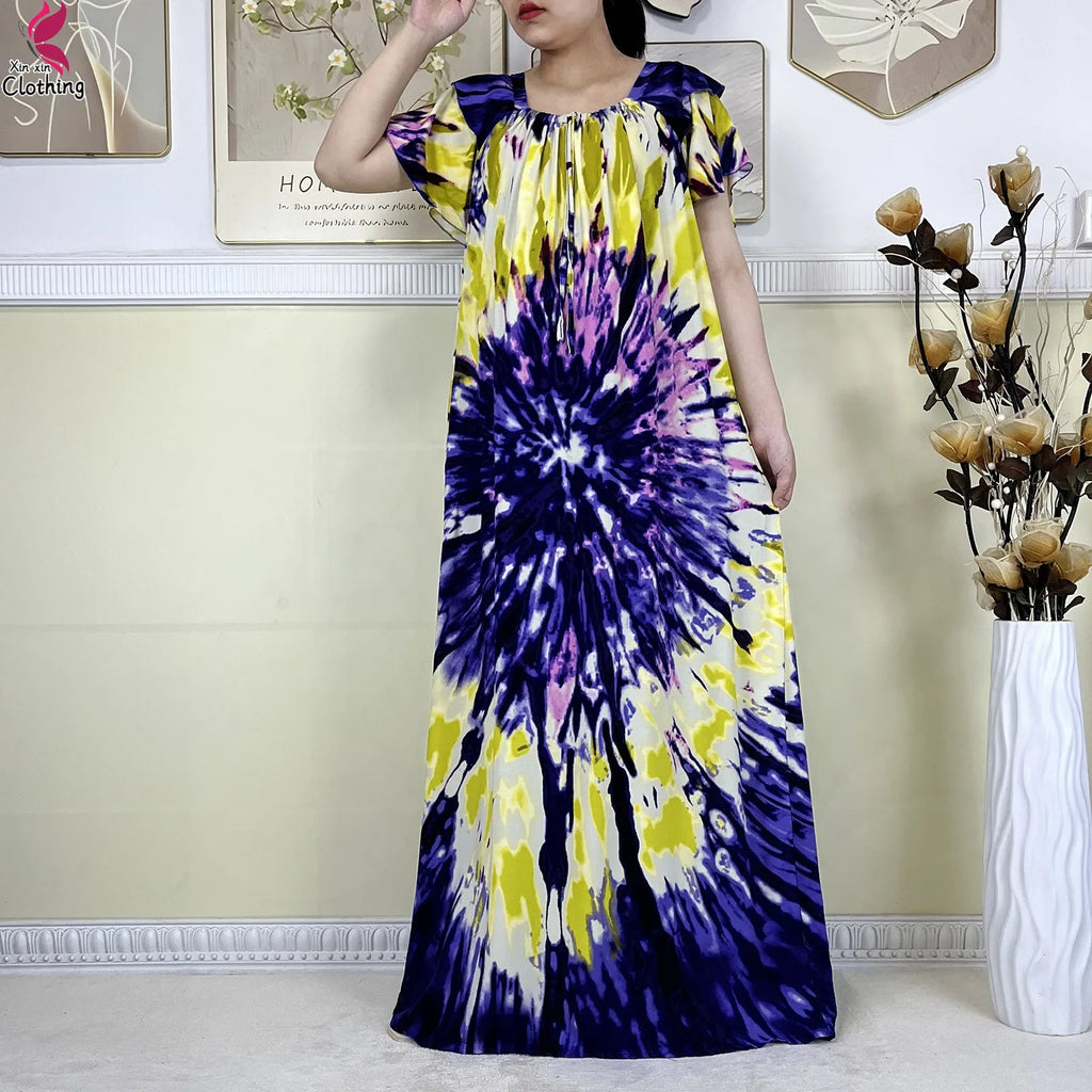 2025 New African Lady Summer Short Sleeve Dresses Boat-Neck Tie-dye Loose Boubou Maxi African Abaya Clothes Islam Women Dress