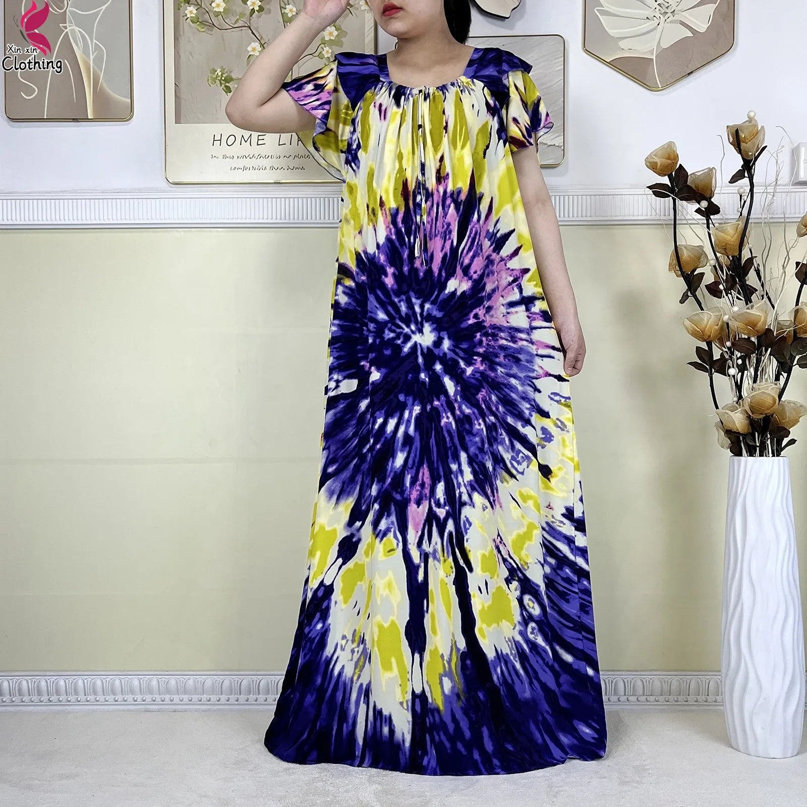 2025 New African Lady Summer Short Sleeve Dresses Boat-Neck Tie-dye Loose Boubou Maxi African Abaya Clothes Islam Women Dress