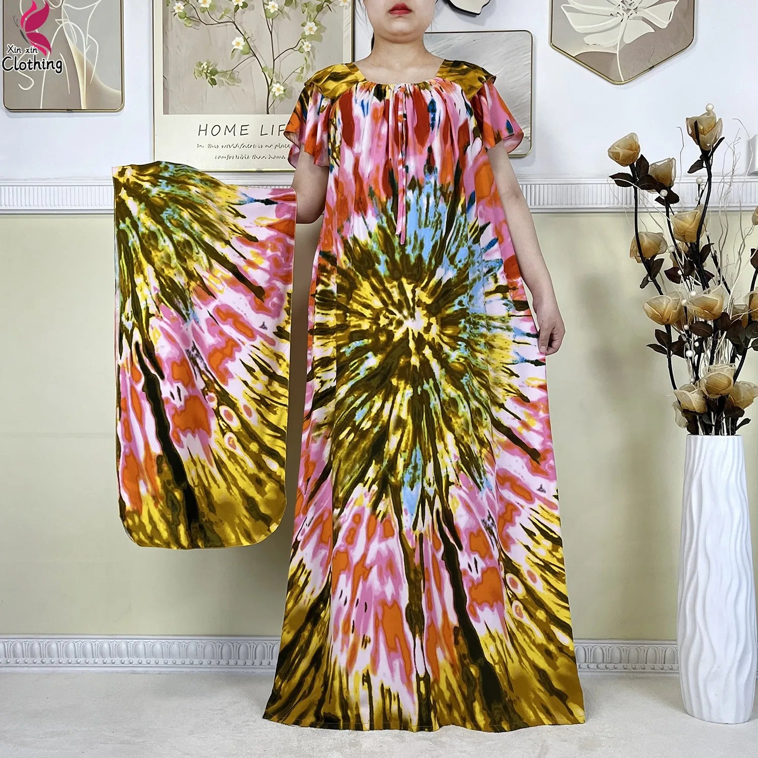2025 New African Lady Summer Short Sleeve Dresses Boat-Neck Tie-dye Loose Boubou Maxi African Abaya Clothes Islam Women Dress