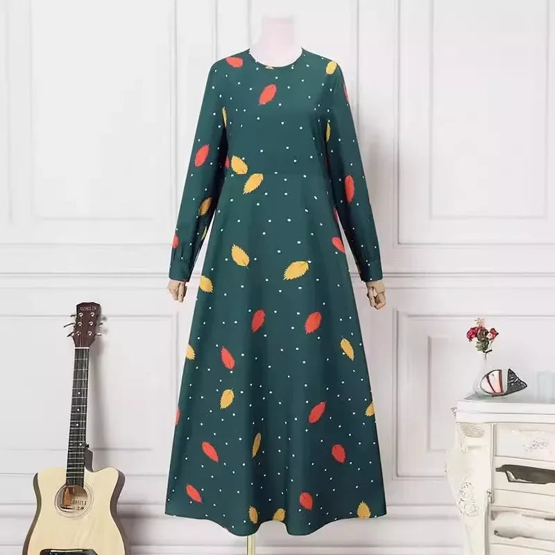 فستان عباية نسائي طويل بنقشة أوراق أنيقة – فستان محتشم بتصميم بوهيمي مميز