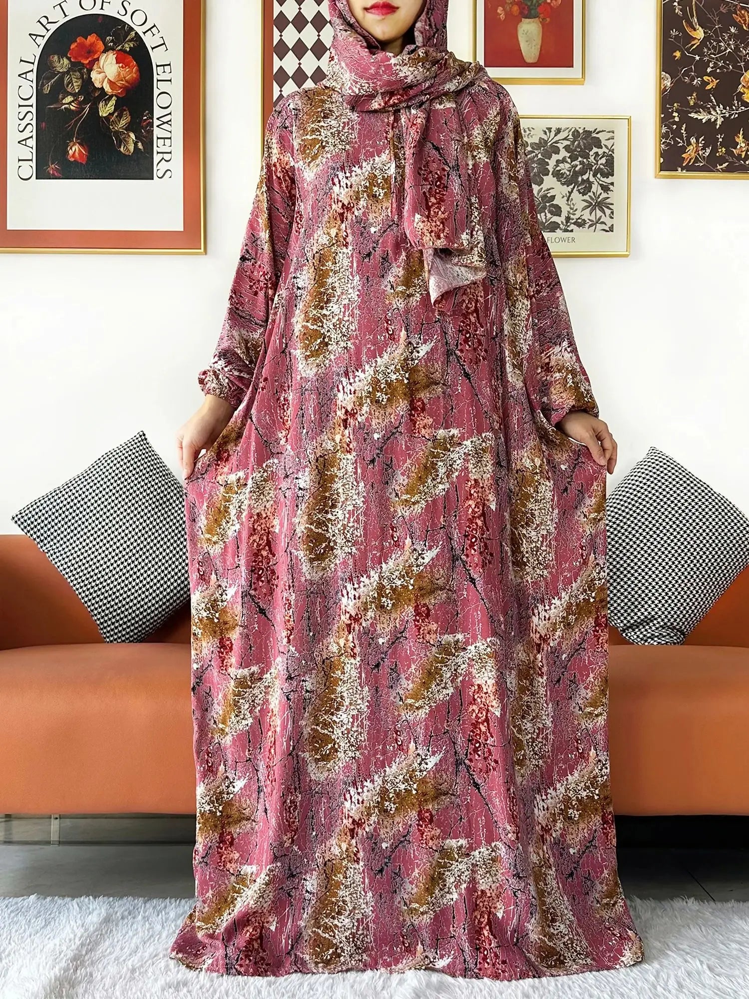 عباية صلاة نسائية قطنية مع حجاب مدمج – عباية فضفاضة لرمضان