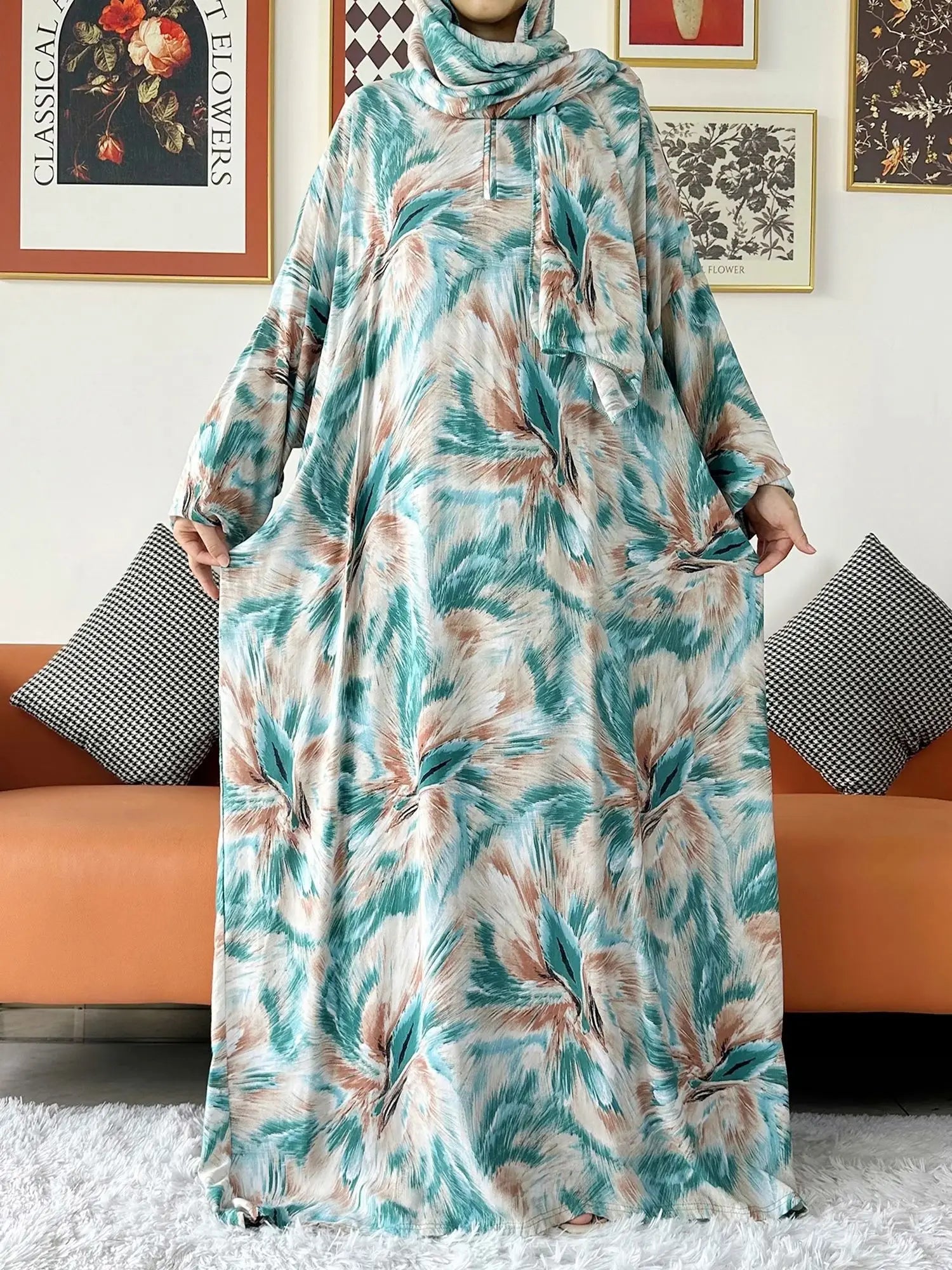 عباية صلاة نسائية قطنية مع حجاب مدمج – عباية فضفاضة لرمضان