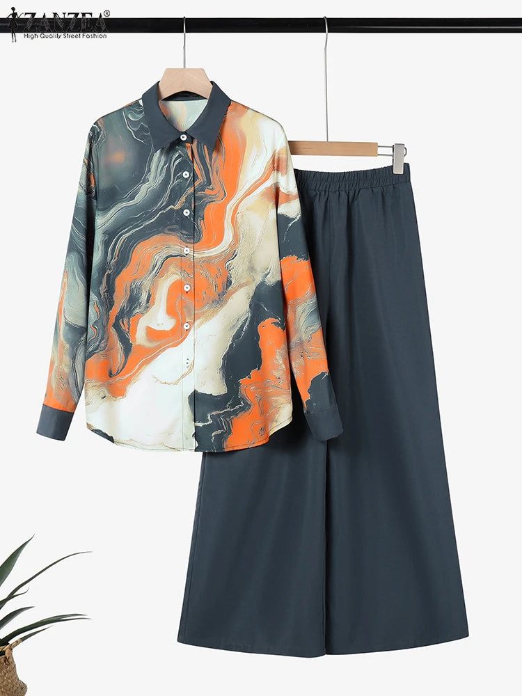 طقم نسائي أنيق قطعتين – قميص بأكمام طويلة وياقة كلاسيكية مع بنطال واسع بطبعات عصرية