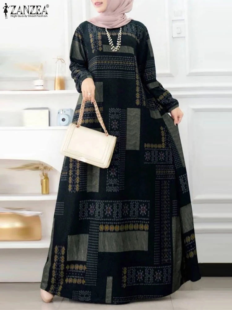 فستان نسائي طويل بطبعات بوهيمية أنيقة – عباية عصرية بأكمام طويلة