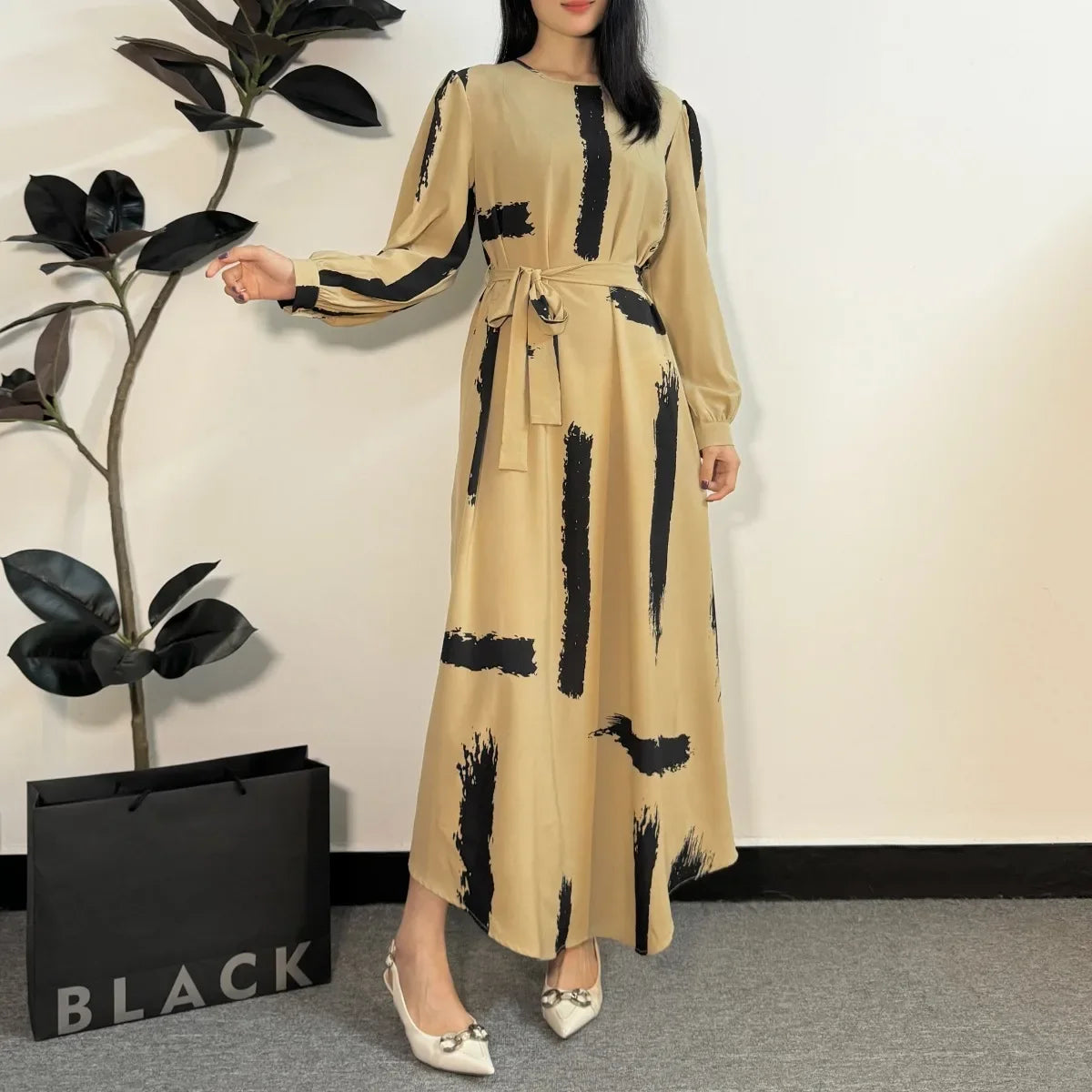 فستان عباية نسائي طويل بحزام – فستان صلاة أنيق بقصة A-Line وأكمام طويلة