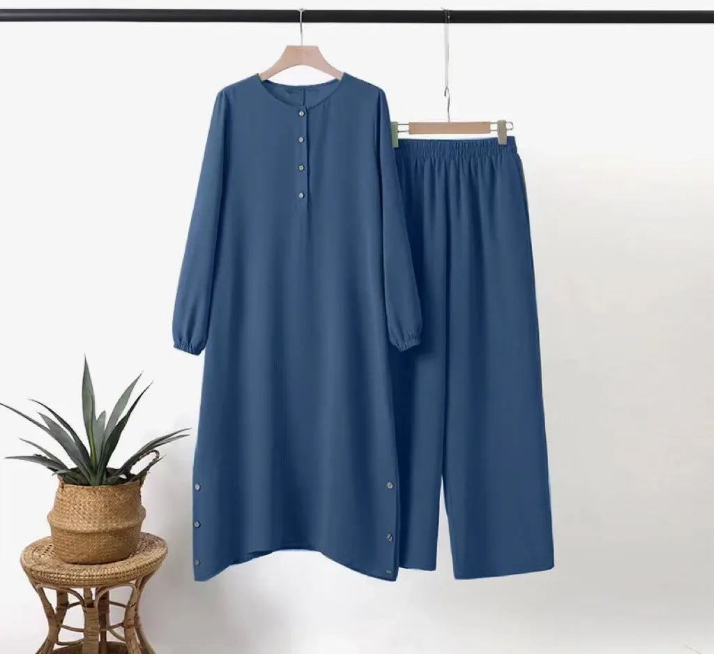 طقم عباية نسائي أنيق قطعتين – قميص طويل بأزرار مع بنطال واسع مريح