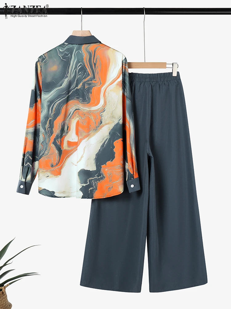 طقم نسائي أنيق قطعتين – قميص بأكمام طويلة وياقة كلاسيكية مع بنطال واسع بطبعات عصرية