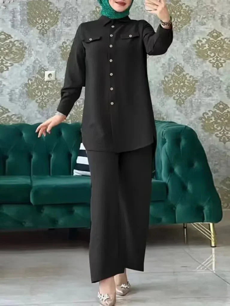 طقم نسائي محتشم قطعتين – قميص بأزرار مع حزام وبنطال واسع أنيق