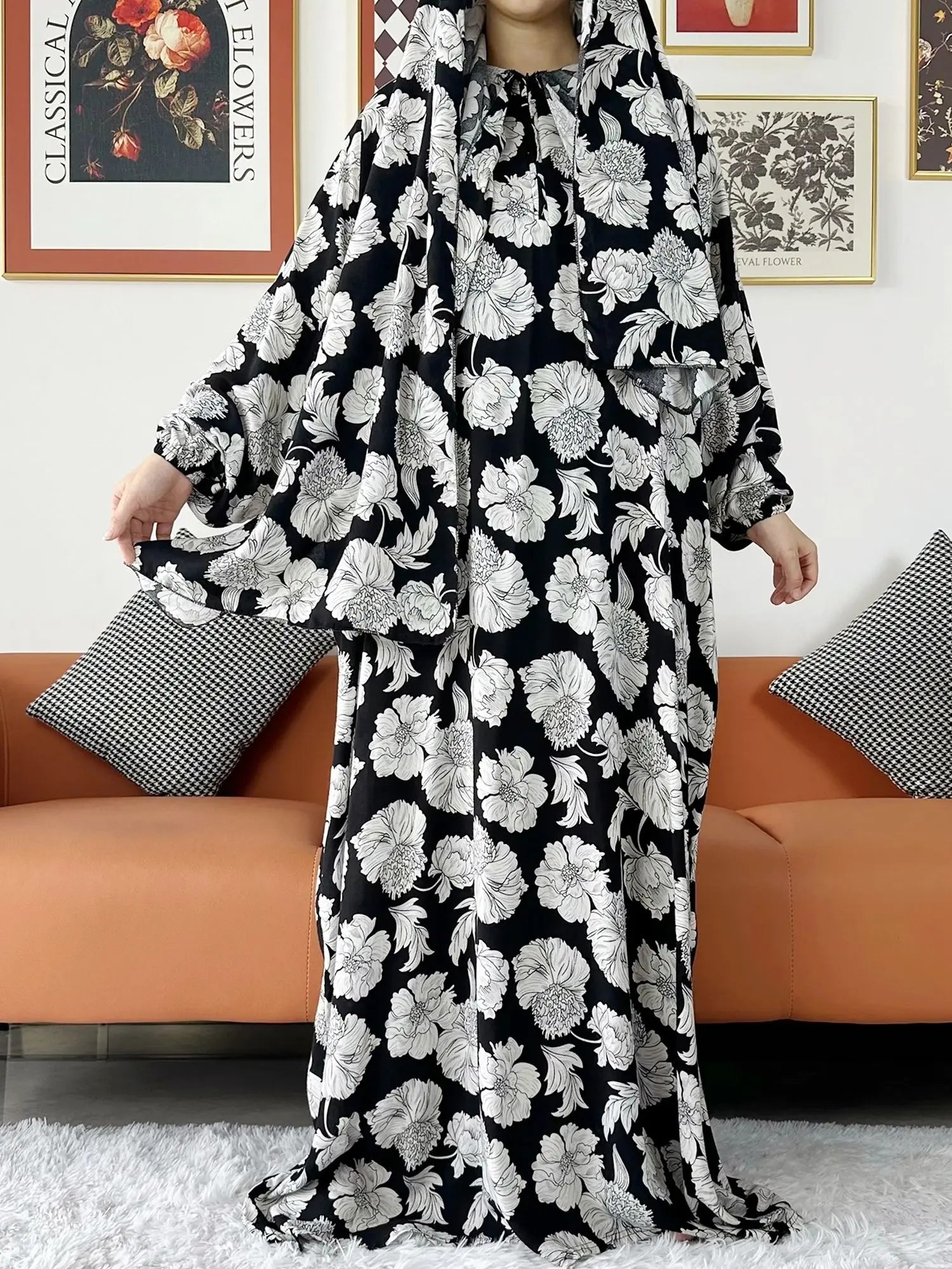 عباية صلاة قطنية مع حجاب المدمج – عباية فضفاضة لرمضان