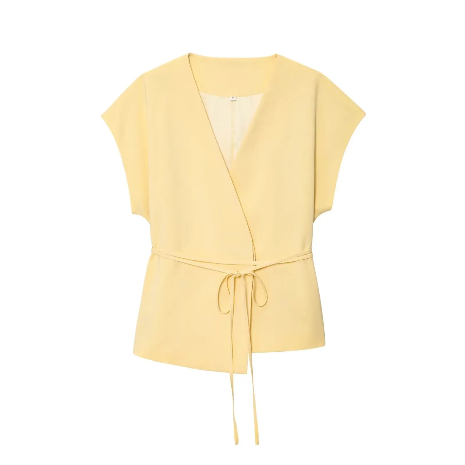 طقم نسائي أنيق قطعتين – بلوزة بدون أكمام بياقة V مع حزام وبنطال واسع