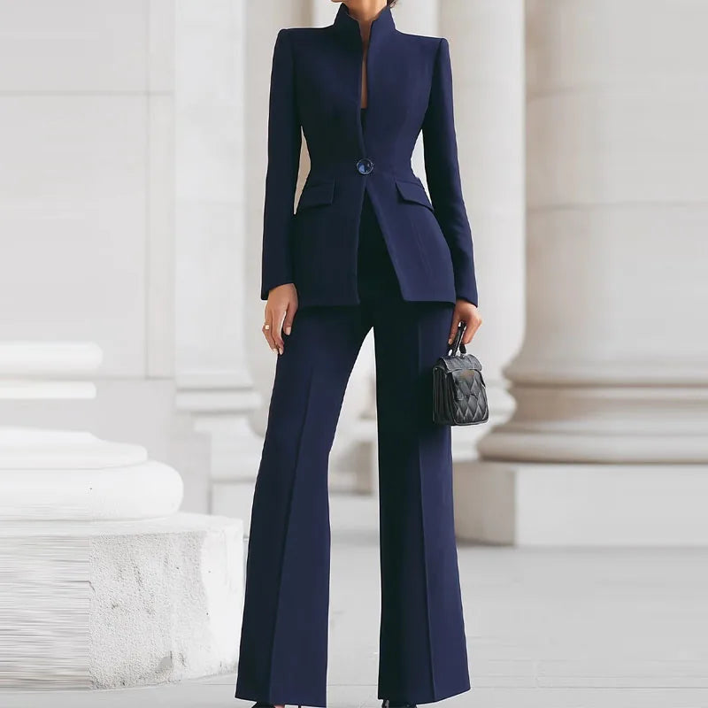 طقم نسائي أنيق قطعتين – بليزر بأكمام طويلة مع بنطال واسع رسمي