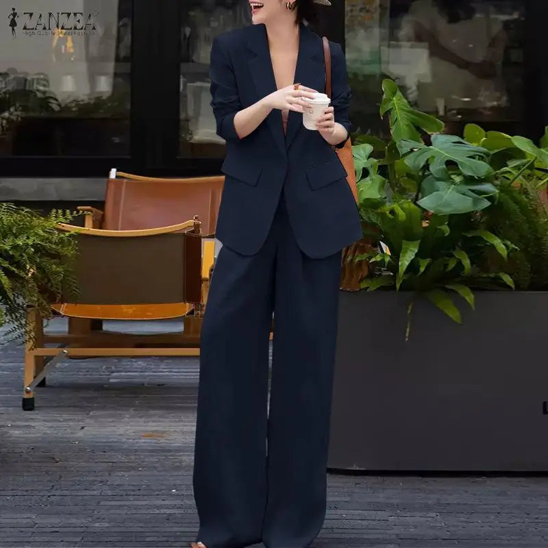 طقم نسائي أنيق قطعتين – بليزر طويل بأكمام طويلة مع بنطال واسع مريح