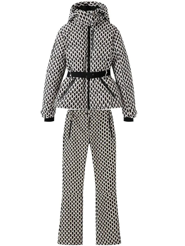 طقم شتوي نسائي أنيق قطعتين – جاكيت مبطن بقبعة مع بنطال دافئ مقاوم للرياح