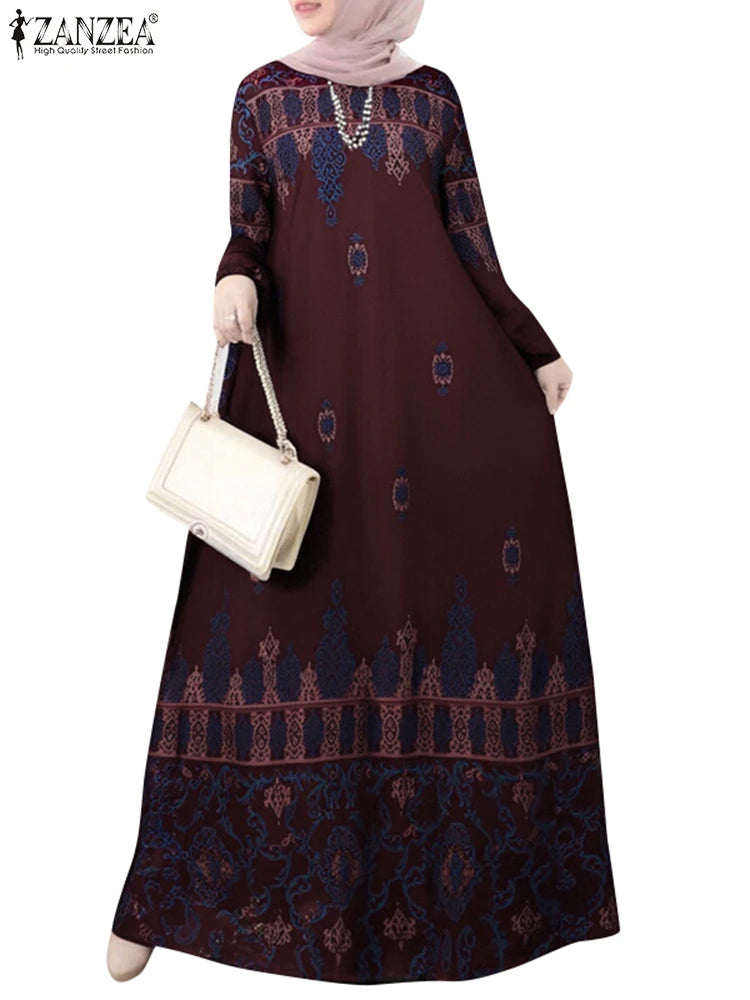 فستان نسائي طويل بطبعات بوهيمية – عباية أنيقة بأكمام طويلة