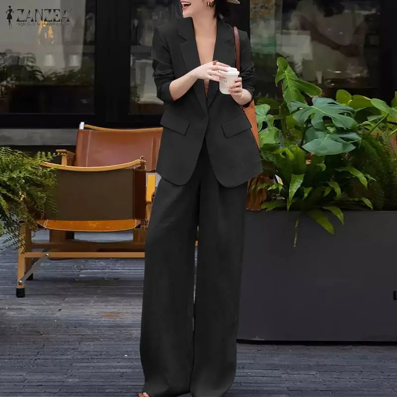 طقم نسائي أنيق قطعتين – بليزر طويل بأكمام طويلة مع بنطال واسع مريح