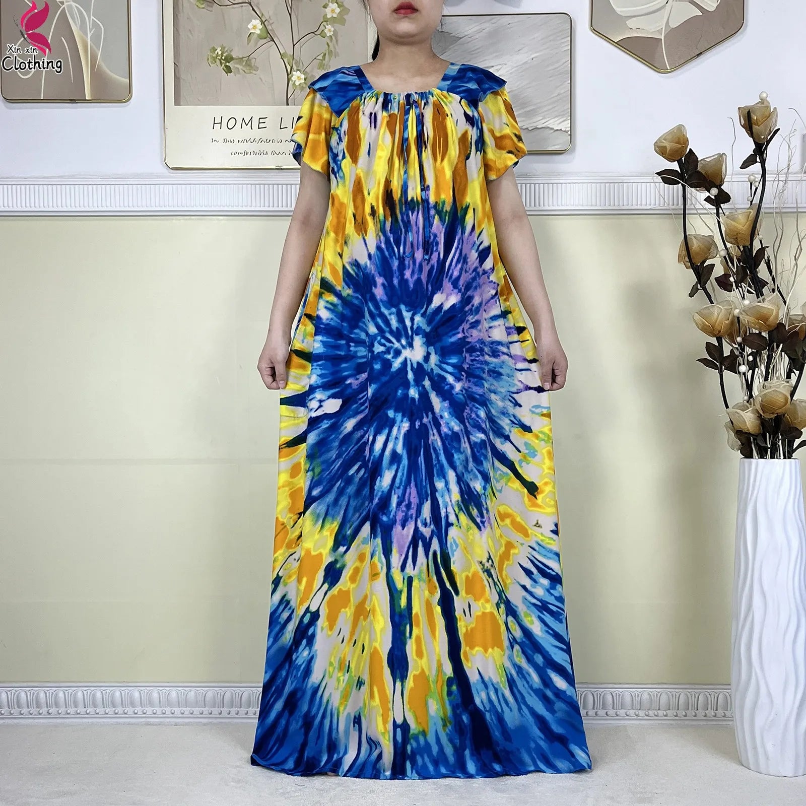 2025 New African Lady Summer Short Sleeve Dresses Boat-Neck Tie-dye Loose Boubou Maxi African Abaya Clothes Islam Women Dress