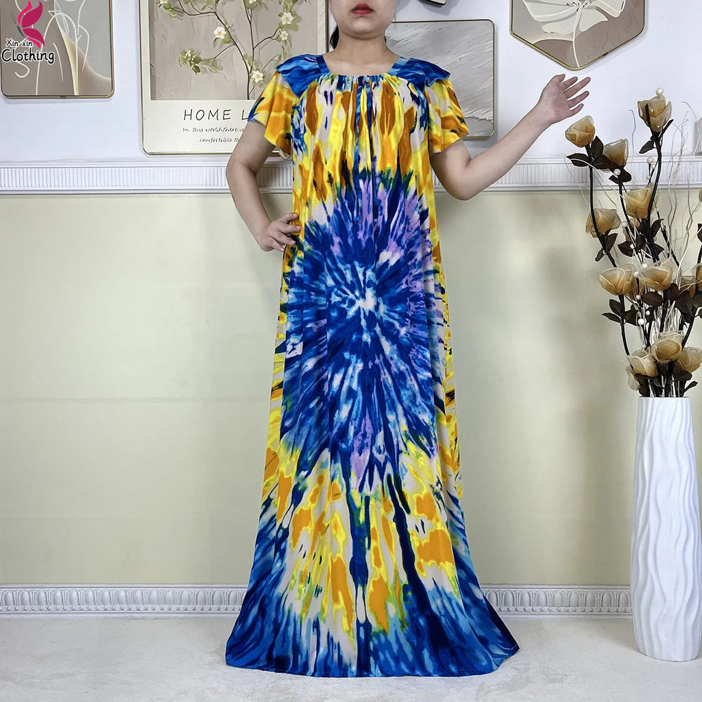 2025 New African Lady Summer Short Sleeve Dresses Boat-Neck Tie-dye Loose Boubou Maxi African Abaya Clothes Islam Women Dress