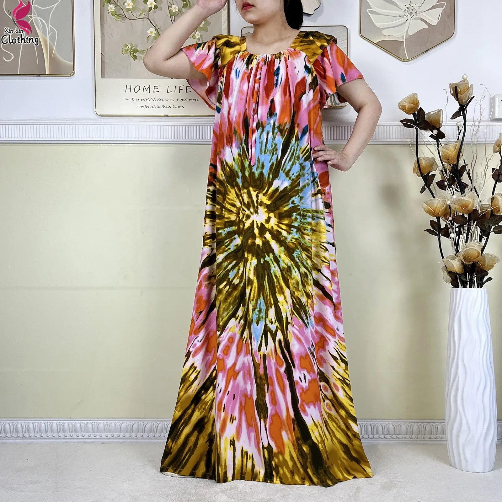 2025 New African Lady Summer Short Sleeve Dresses Boat-Neck Tie-dye Loose Boubou Maxi African Abaya Clothes Islam Women Dress