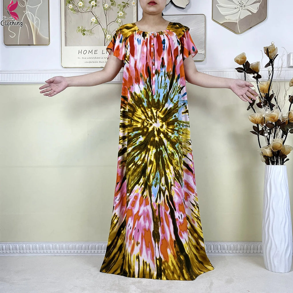2025 New African Lady Summer Short Sleeve Dresses Boat-Neck Tie-dye Loose Boubou Maxi African Abaya Clothes Islam Women Dress