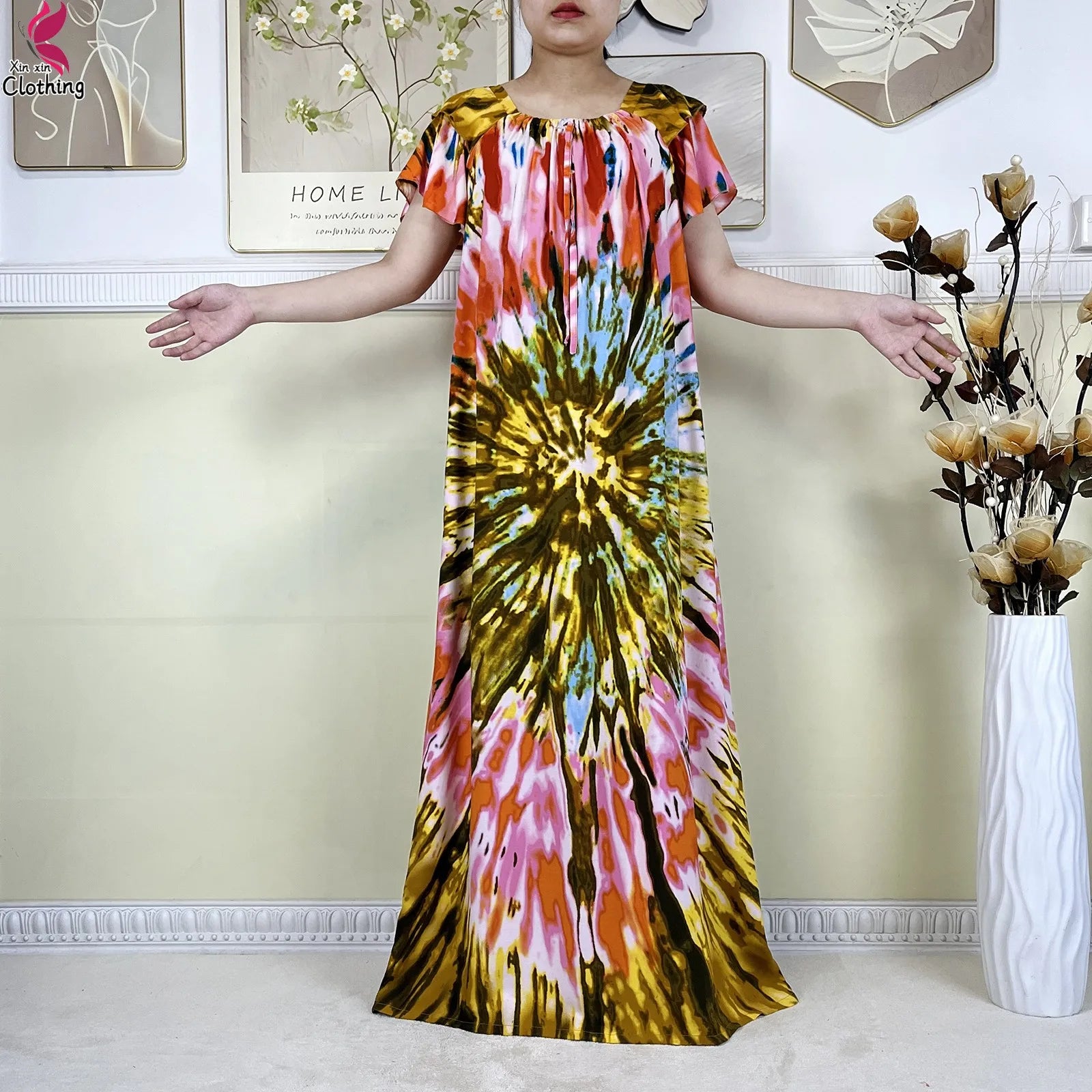 2025 New African Lady Summer Short Sleeve Dresses Boat-Neck Tie-dye Loose Boubou Maxi African Abaya Clothes Islam Women Dress