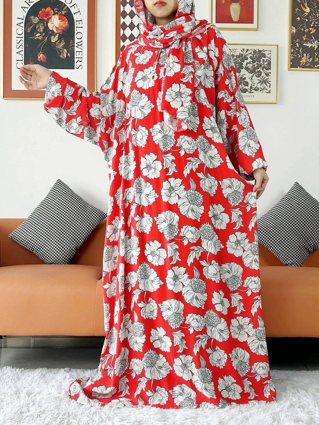 عباية صلاة قطنية مع حجاب المدمج – عباية فضفاضة لرمضان