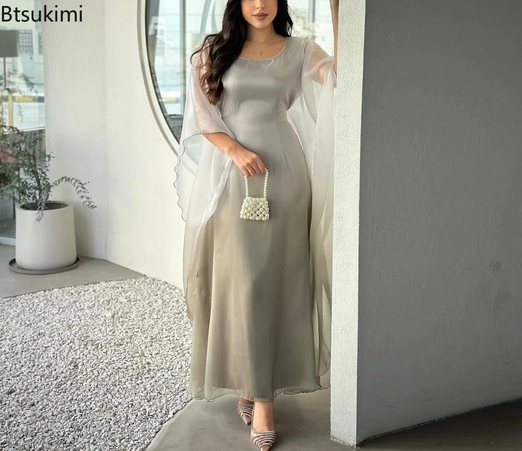 فستان نسائي طويل متدرج الألوان بأكمام جناح الخفاش – عباية أنيقة ساتان للمناسبات والإطلالات الراقية