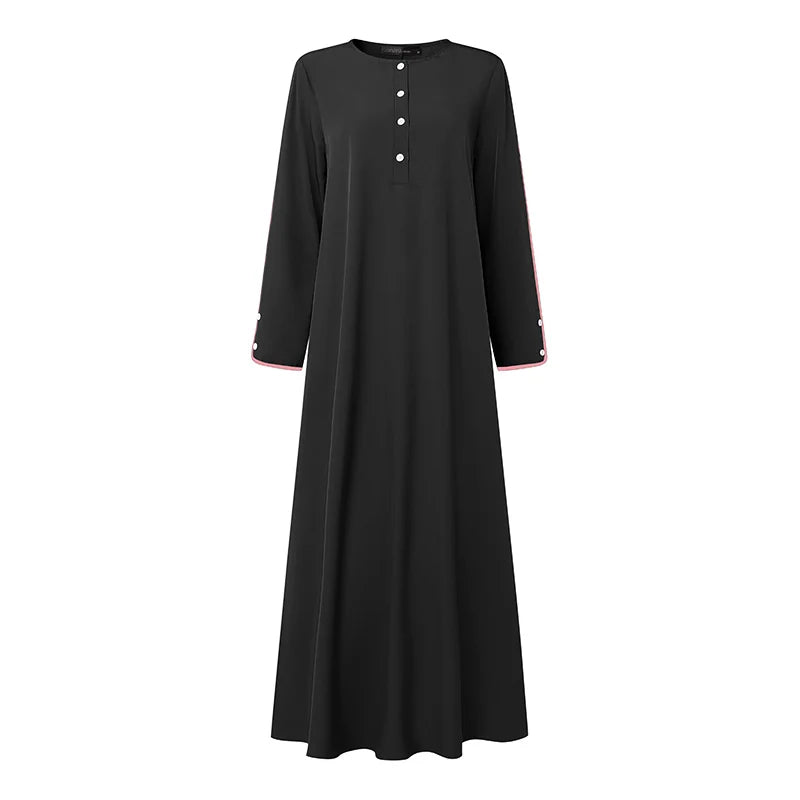 فستان رمضاني بأكمام طويلة وياقة دائرية مناسب للأعياد والمناسبات