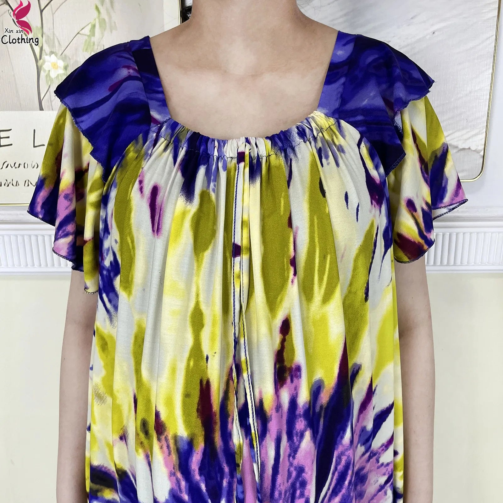 2025 New African Lady Summer Short Sleeve Dresses Boat-Neck Tie-dye Loose Boubou Maxi African Abaya Clothes Islam Women Dress