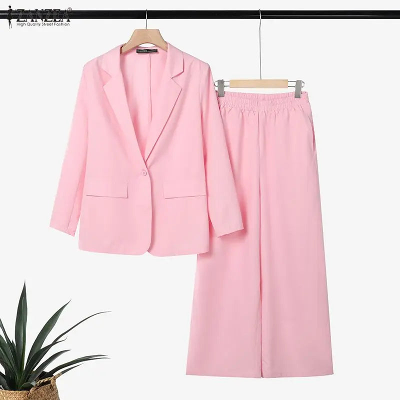 طقم نسائي أنيق قطعتين – بليزر طويل بأكمام طويلة مع بنطال واسع مريح