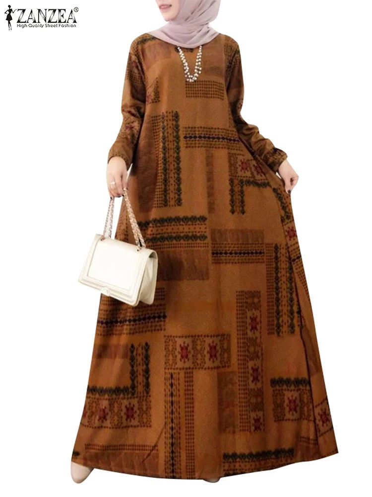 فستان نسائي طويل بطبعات بوهيمية أنيقة – عباية عصرية بأكمام طويلة