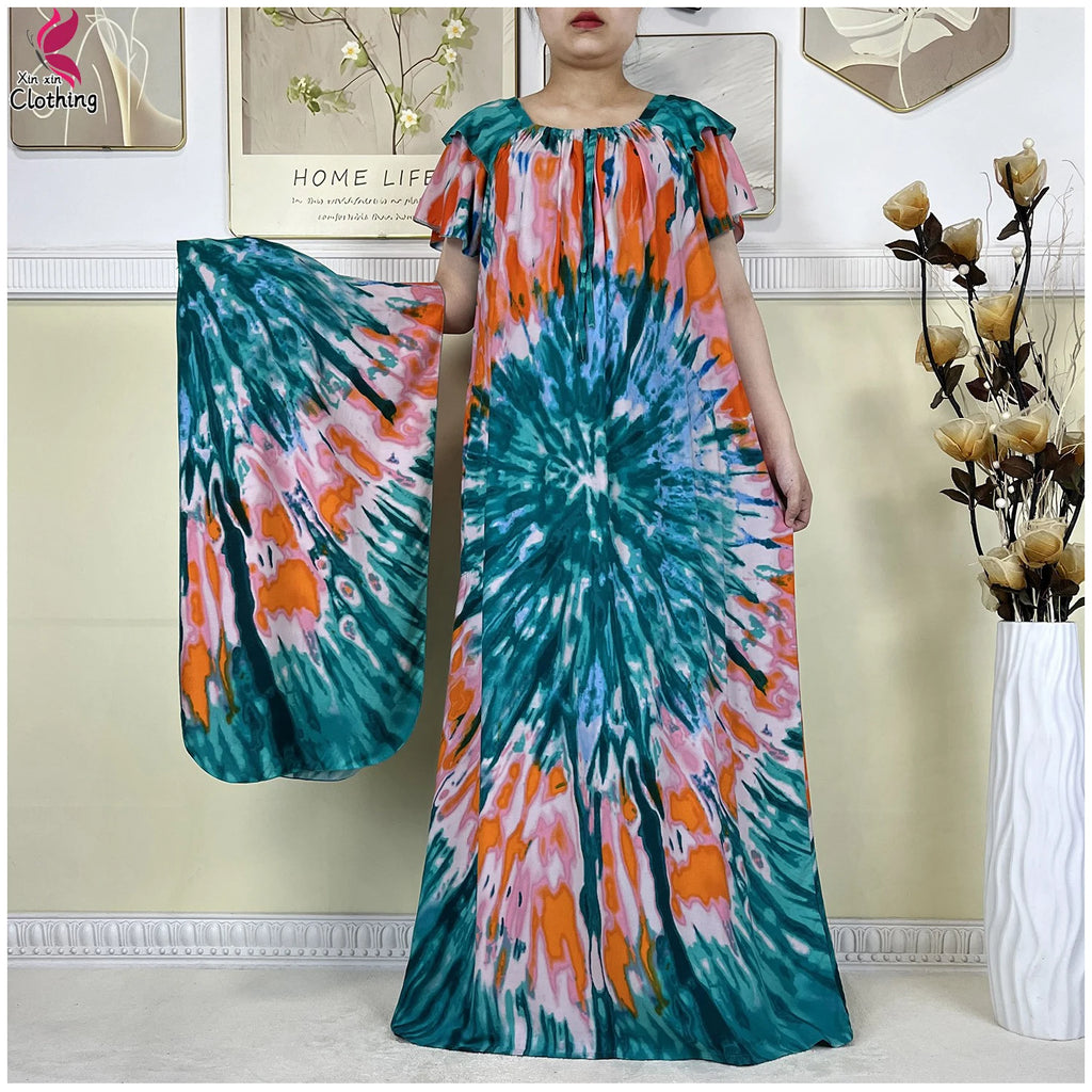 2025 New African Lady Summer Short Sleeve Dresses Boat-Neck Tie-dye Loose Boubou Maxi African Abaya Clothes Islam Women Dress