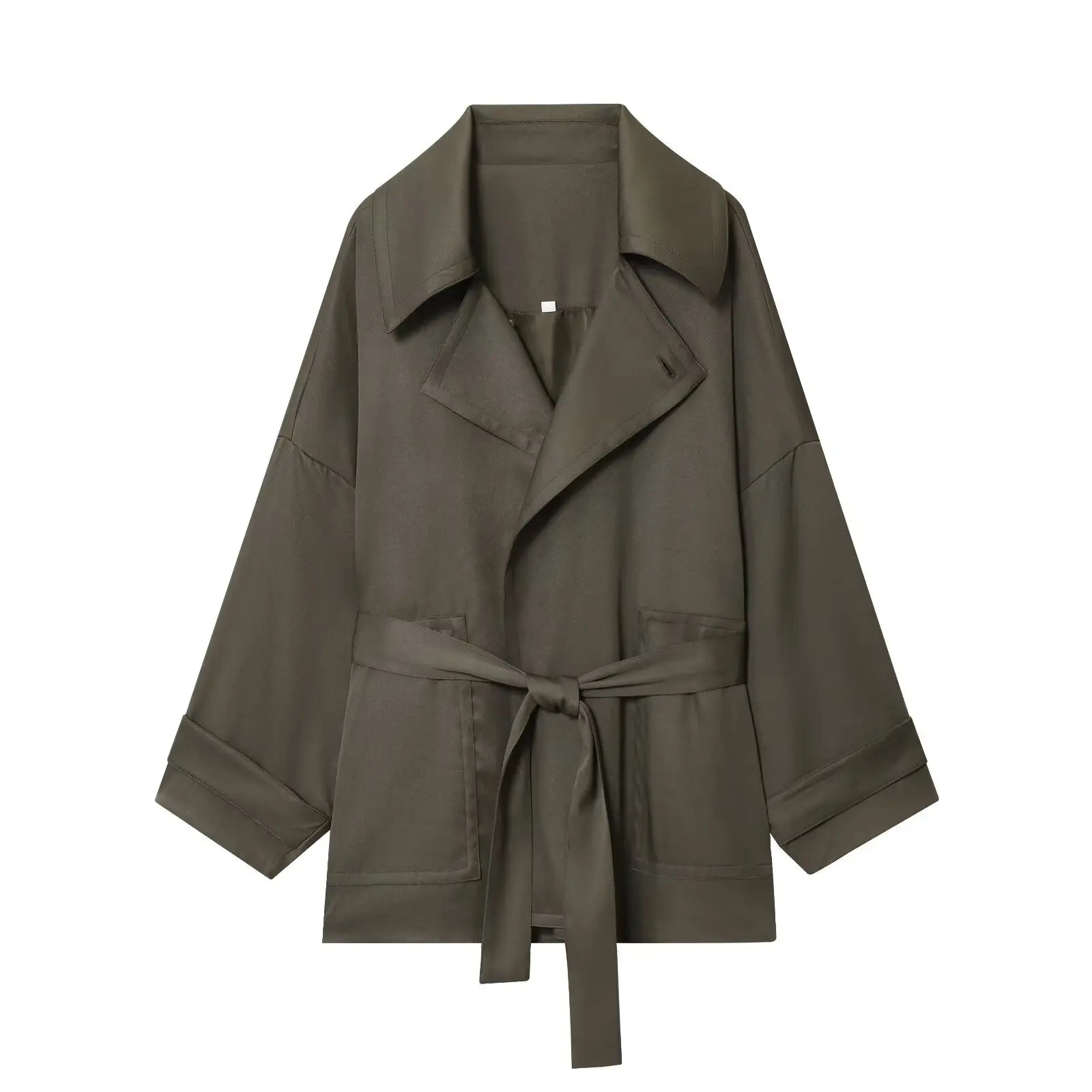 طقم نسائي أنيق من قطعتين – جاكيت بحزام وبنطال واسع بتصميم عصري