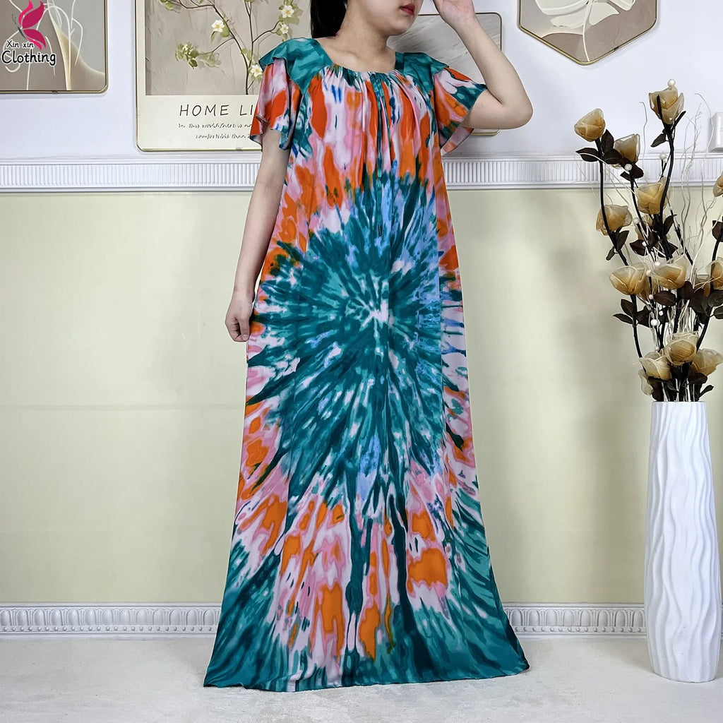 2025 New African Lady Summer Short Sleeve Dresses Boat-Neck Tie-dye Loose Boubou Maxi African Abaya Clothes Islam Women Dress
