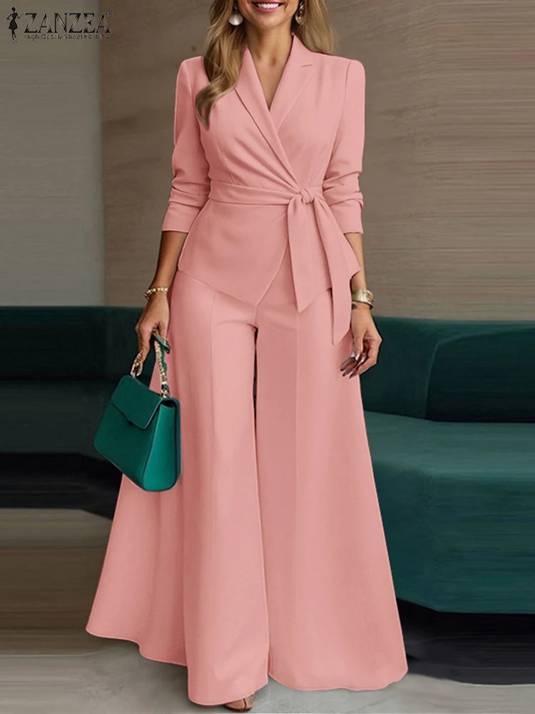 طقم نسائي أنيق قطعتين – بليزر خفيف مع حزام وبنطال واسع رسمي