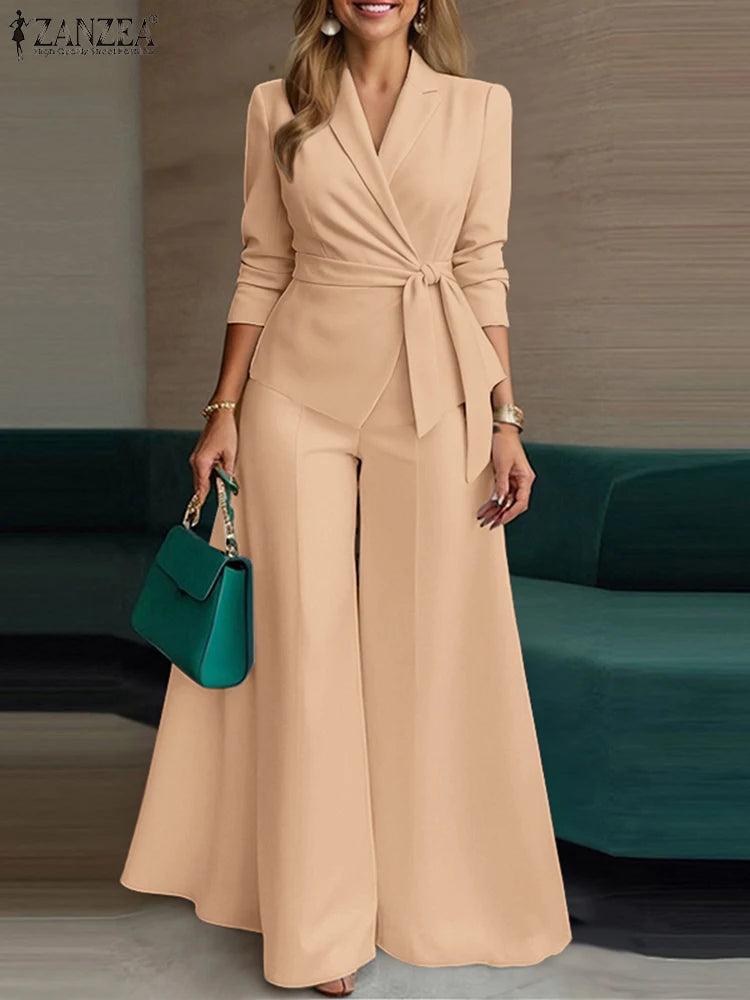 طقم نسائي أنيق قطعتين – بليزر خفيف مع حزام وبنطال واسع رسمي