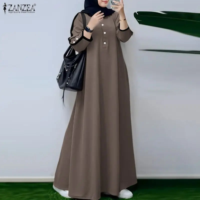 فستان رمضاني بأكمام طويلة وياقة دائرية مناسب للأعياد والمناسبات