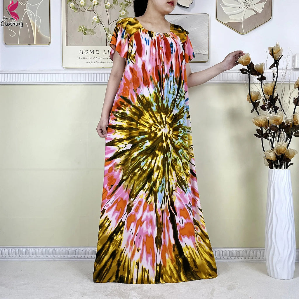 2025 New African Lady Summer Short Sleeve Dresses Boat-Neck Tie-dye Loose Boubou Maxi African Abaya Clothes Islam Women Dress